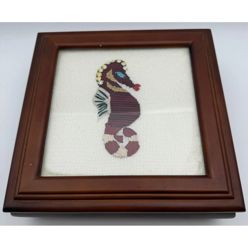 Vintage Wood Jewelry Keepsake Box Seahorse Needlepoint Sequins Nautical Decor